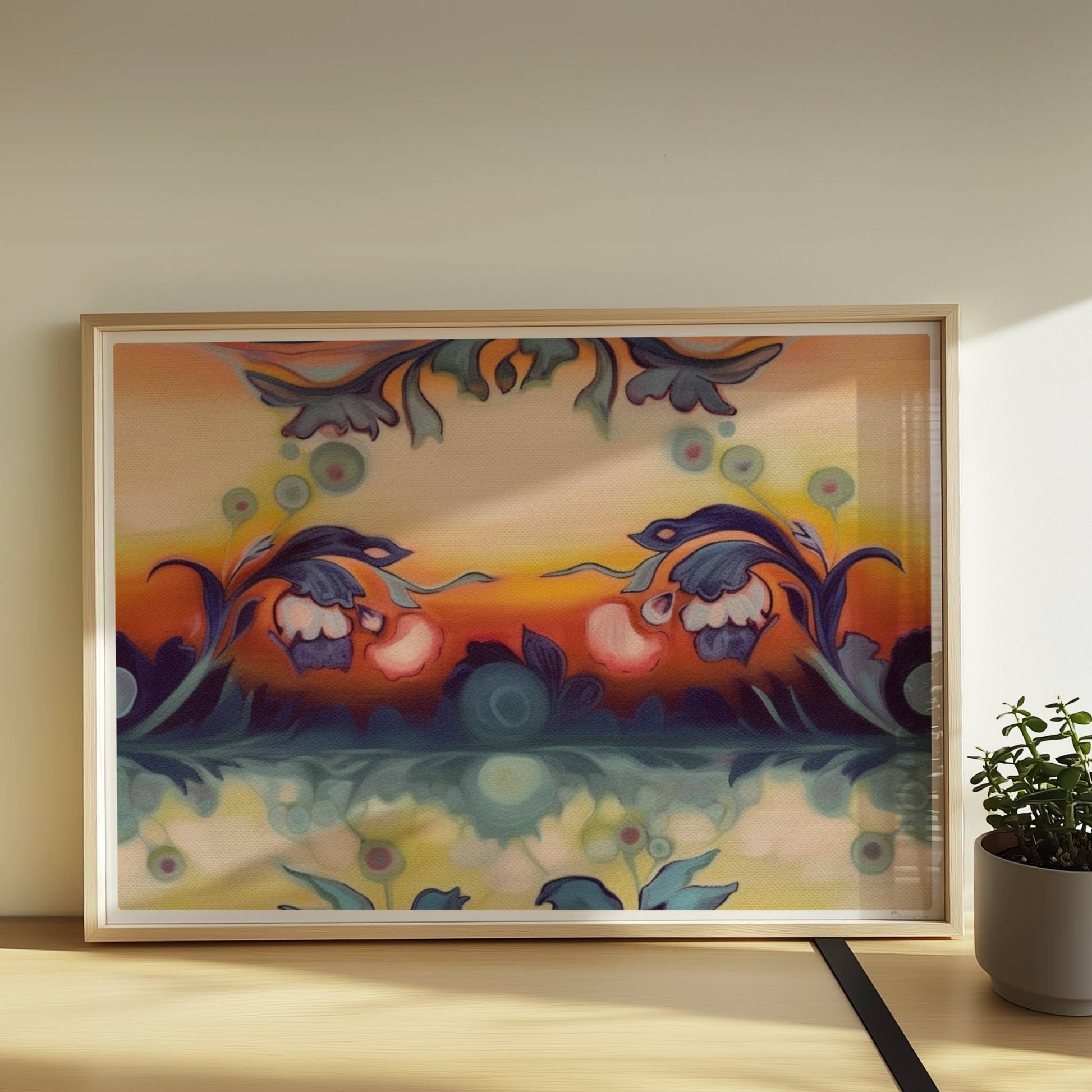 Symmetrische florale Komposition mit ornamentalen Elementen, ideal für dekorative Wandgestaltung im klassischen Stil.. Rahmen natur 70x50