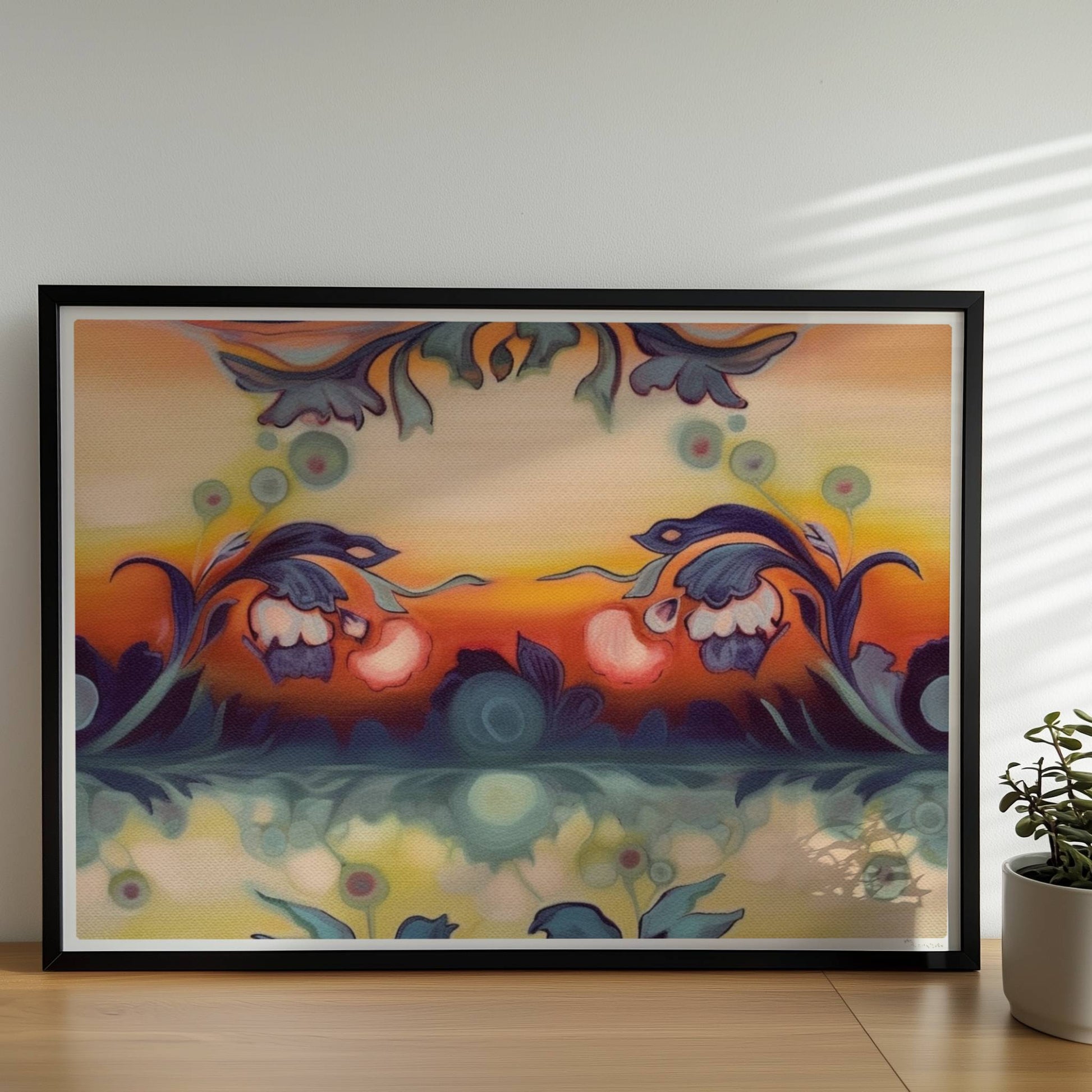 Symmetrische florale Komposition mit ornamentalen Elementen, ideal für dekorative Wandgestaltung im klassischen Stil.. Rahmen schwarz 70x50