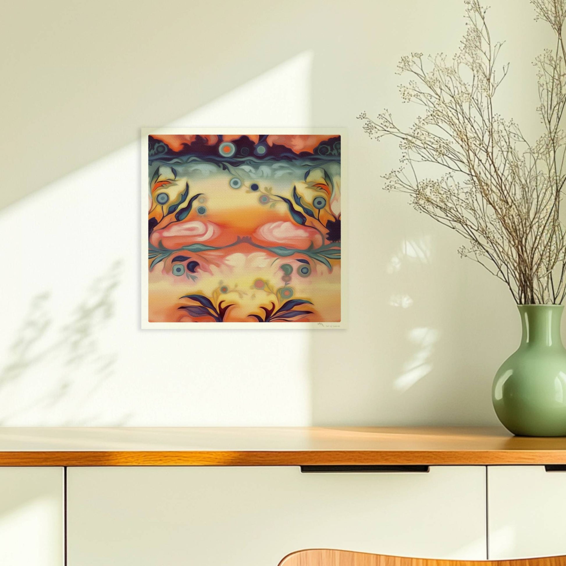 Fantasievolle florale Wandkunst mit surrealem Flair, inspiriert von symmetrischen Ornamenten und warmen Farbverläufen.. Ohne Rahmen 30x30