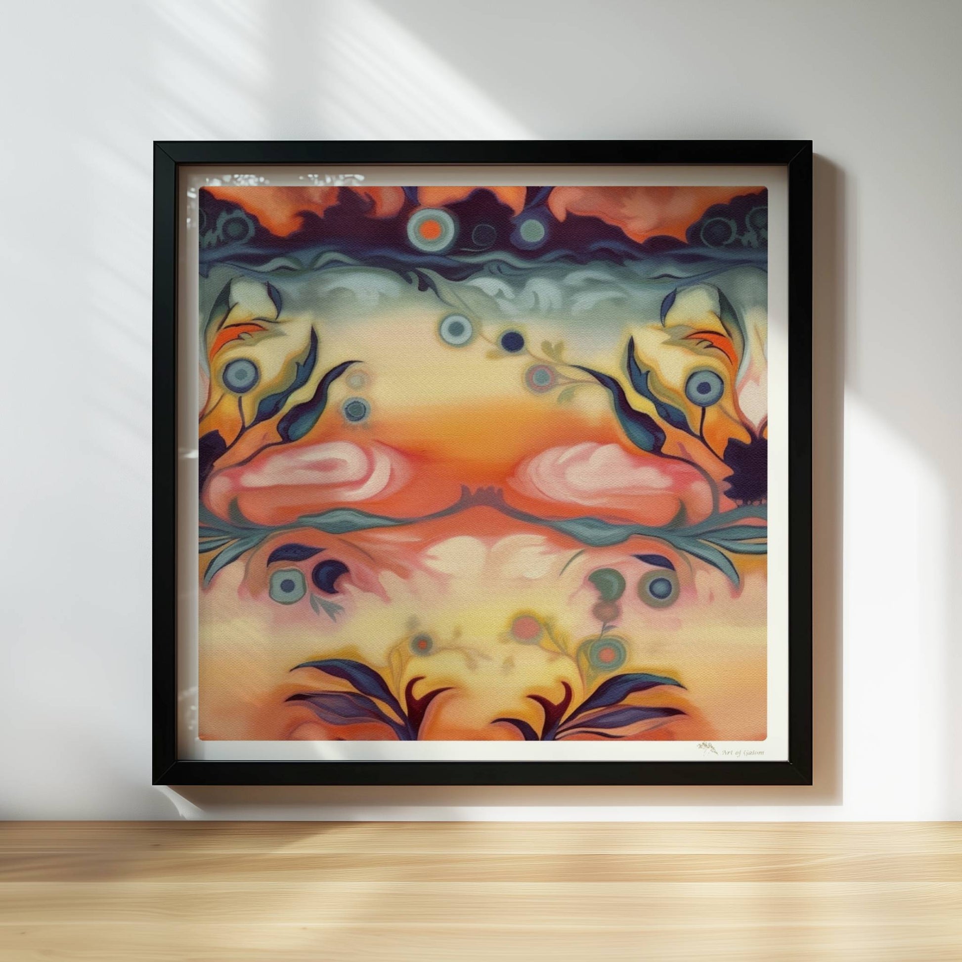 Fantasievolle florale Wandkunst mit surrealem Flair, inspiriert von symmetrischen Ornamenten und warmen Farbverläufen.. Rahmen schwarz 30x30