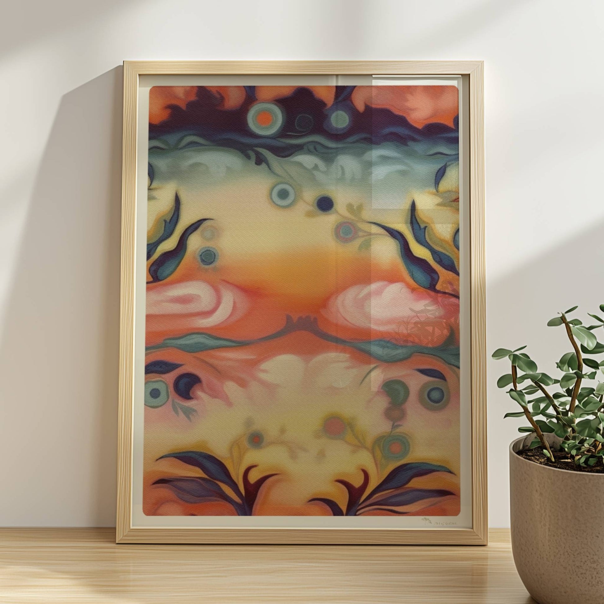 Fantasievolle florale Wandkunst mit surrealem Flair, inspiriert von symmetrischen Ornamenten und warmen Farbverläufen.. Rahmen natur 30x40