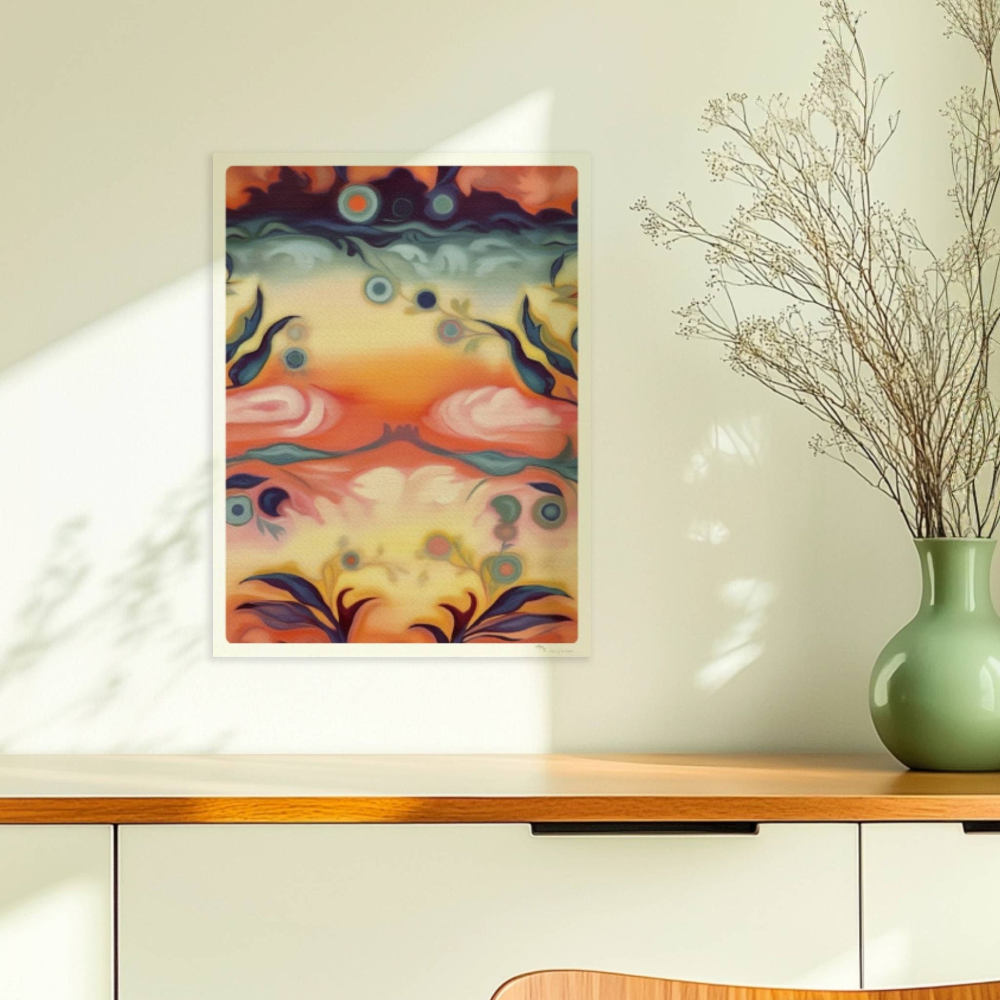 Fantasievolle florale Wandkunst mit surrealem Flair, inspiriert von symmetrischen Ornamenten und warmen Farbverläufen.. Ohne Rahmen 30x40