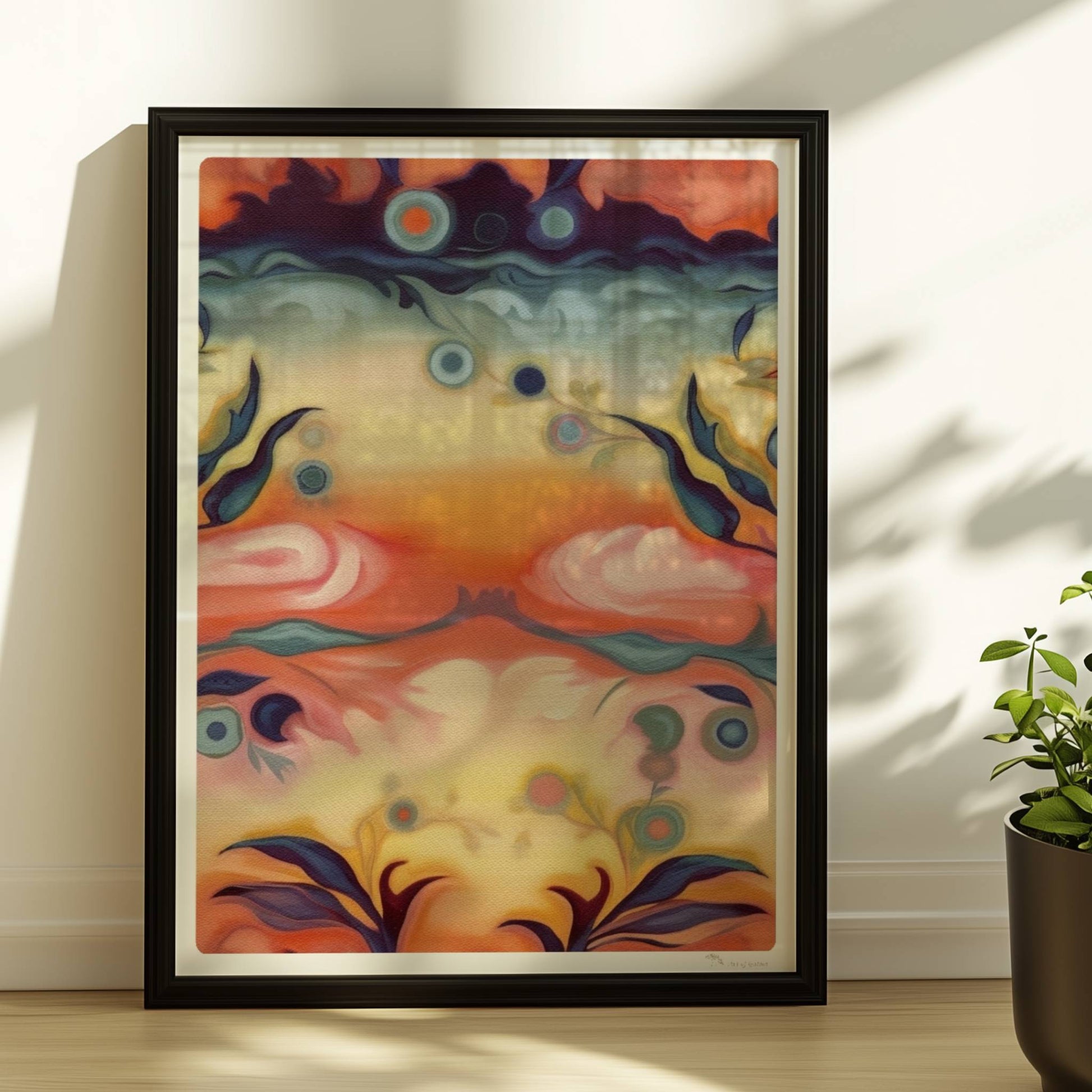 Fantasievolle florale Wandkunst mit surrealem Flair, inspiriert von symmetrischen Ornamenten und warmen Farbverläufen.. Rahmen schwarz 30x40