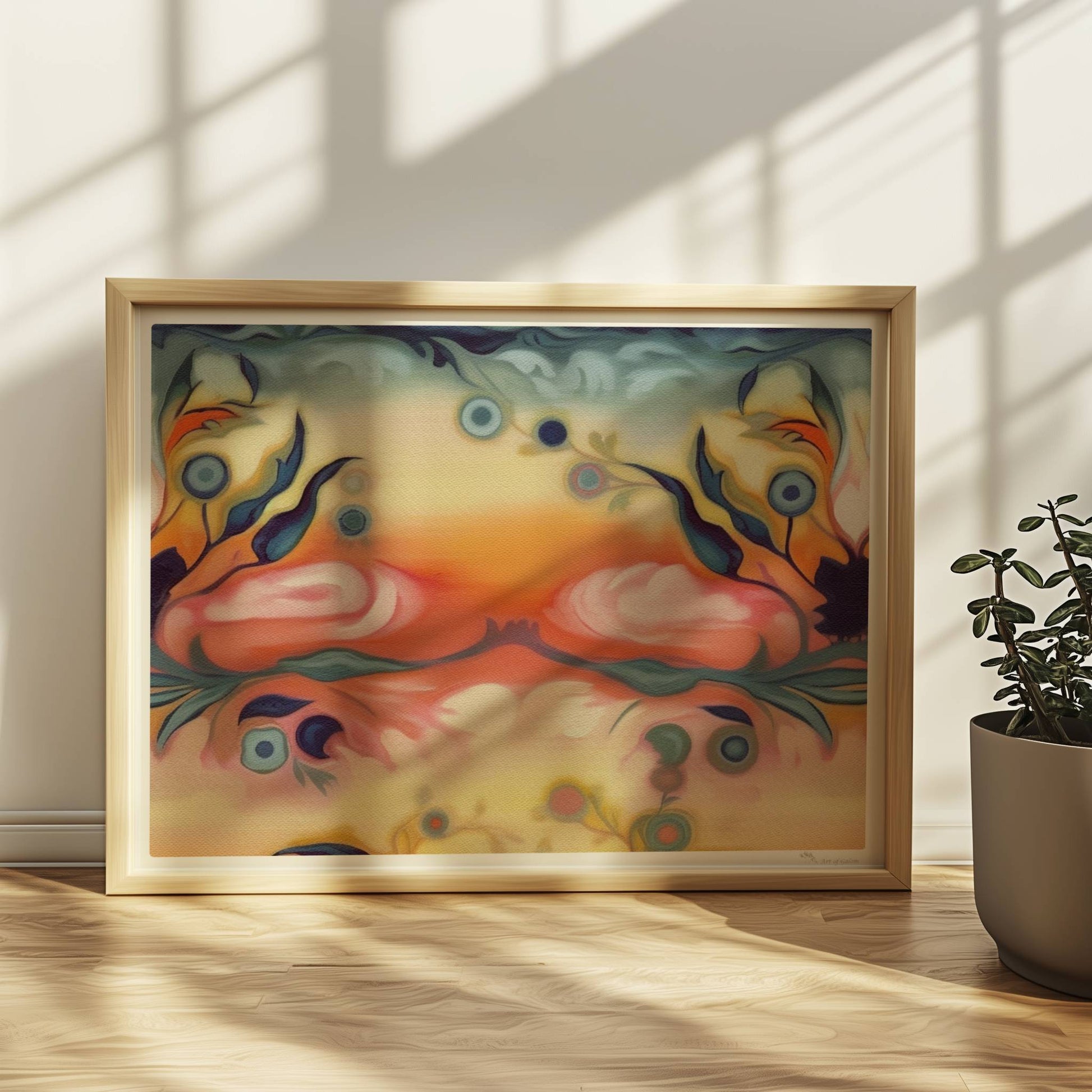 Fantasievolle florale Wandkunst mit surrealem Flair, inspiriert von symmetrischen Ornamenten und warmen Farbverläufen.. Rahmen natur 40x30