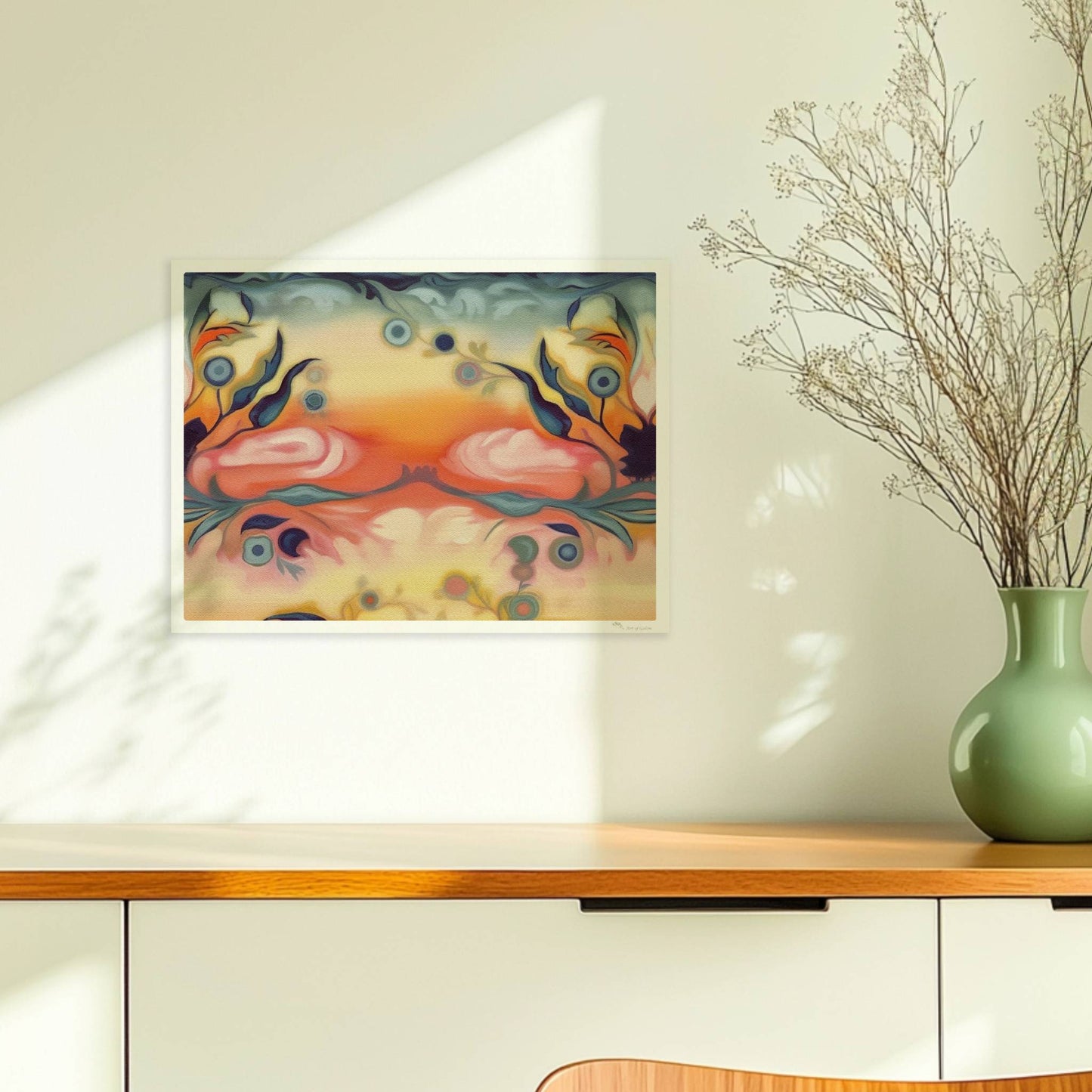Fantasievolle florale Wandkunst mit surrealem Flair, inspiriert von symmetrischen Ornamenten und warmen Farbverläufen.. Ohne Rahmen 40x30