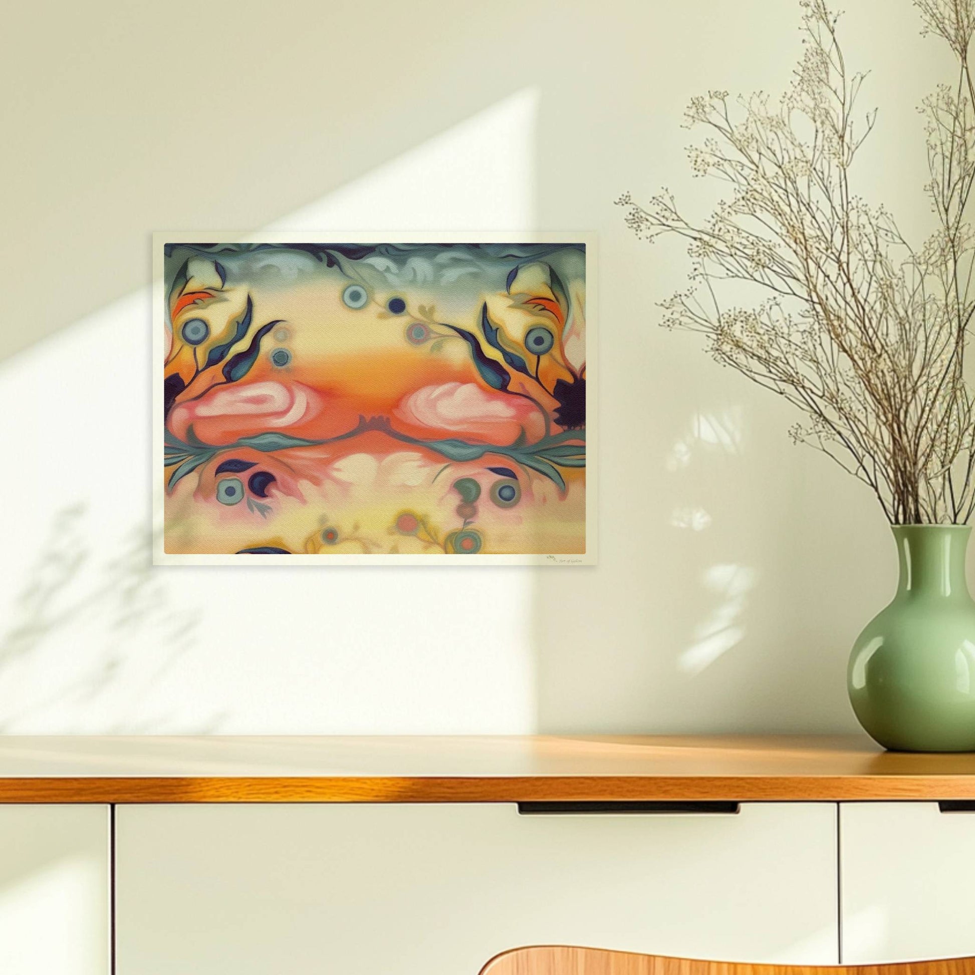 Fantasievolle florale Wandkunst mit surrealem Flair, inspiriert von symmetrischen Ornamenten und warmen Farbverläufen.. Ohne Rahmen 40x30