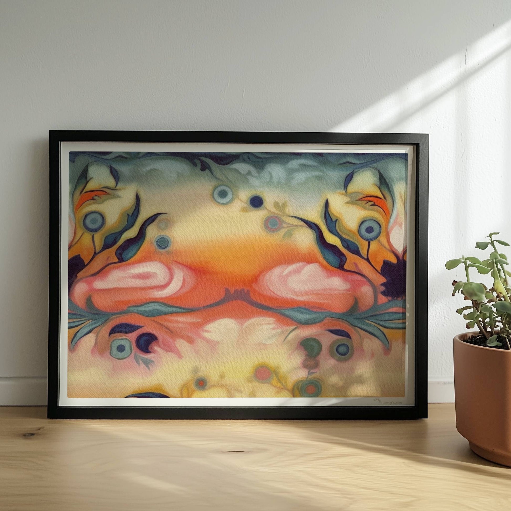 Fantasievolle florale Wandkunst mit surrealem Flair, inspiriert von symmetrischen Ornamenten und warmen Farbverläufen.. Rahmen schwarz 40x30