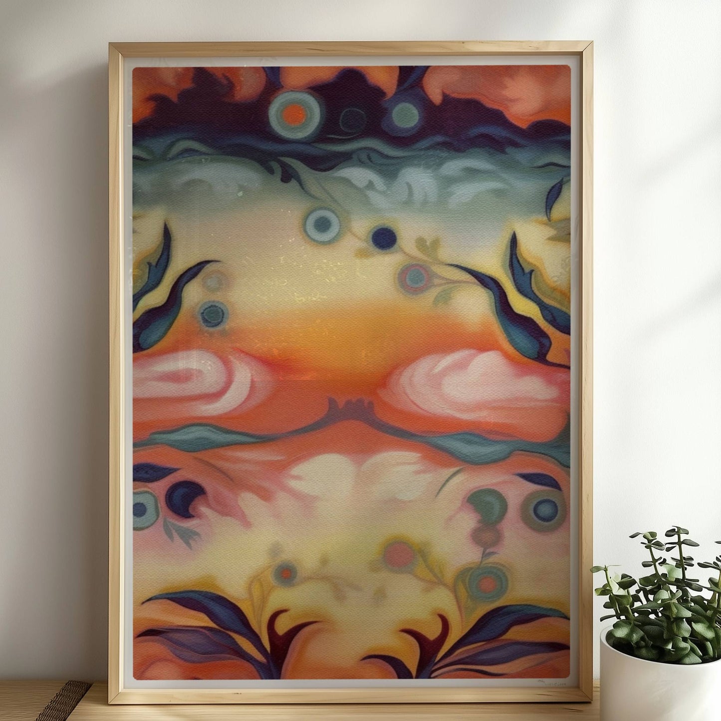 Fantasievolle florale Wandkunst mit surrealem Flair, inspiriert von symmetrischen Ornamenten und warmen Farbverläufen.. Rahmen natur 50x70