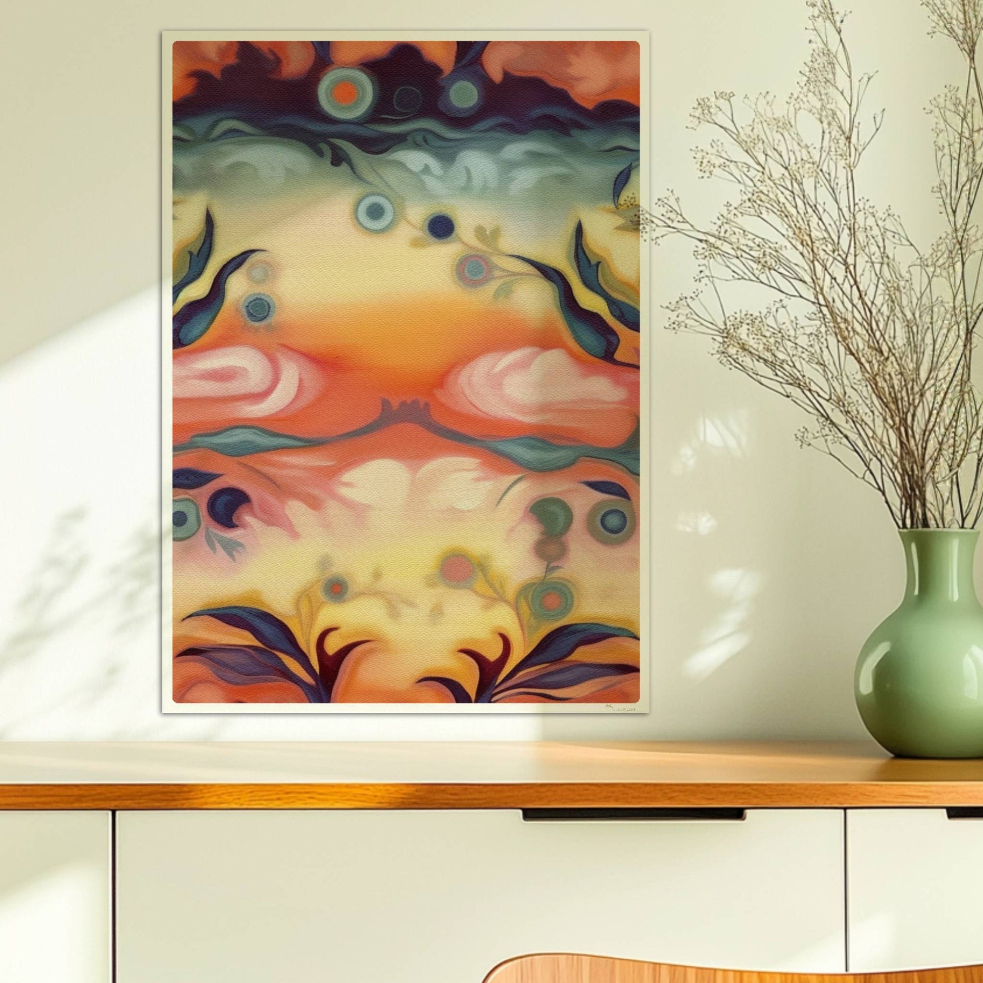 Fantasievolle florale Wandkunst mit surrealem Flair, inspiriert von symmetrischen Ornamenten und warmen Farbverläufen.. Ohne Rahmen 50x70