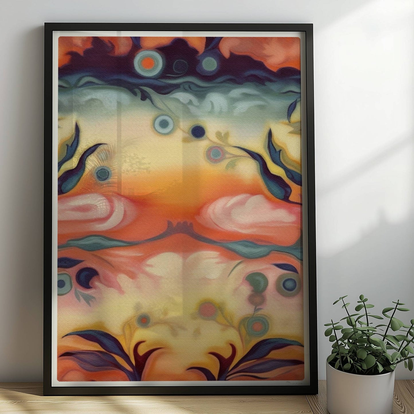 Fantasievolle florale Wandkunst mit surrealem Flair, inspiriert von symmetrischen Ornamenten und warmen Farbverläufen.. Rahmen schwarz 50x70