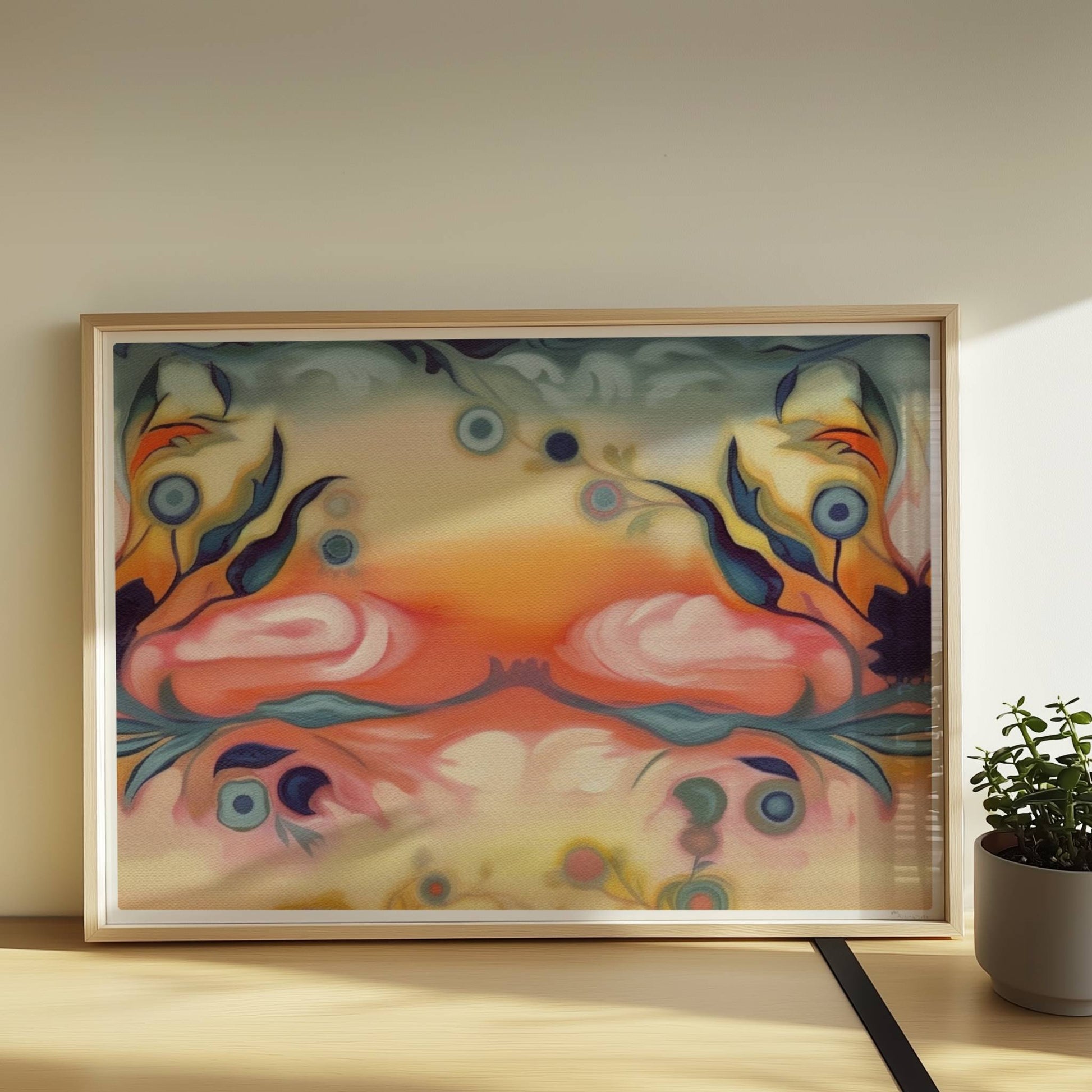 Fantasievolle florale Wandkunst mit surrealem Flair, inspiriert von symmetrischen Ornamenten und warmen Farbverläufen.. Rahmen natur 70x50