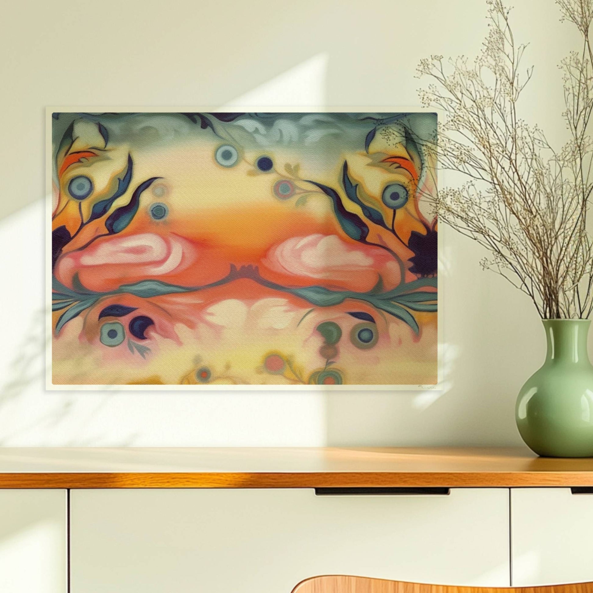 Fantasievolle florale Wandkunst mit surrealem Flair, inspiriert von symmetrischen Ornamenten und warmen Farbverläufen.. Ohne Rahmen 70x50