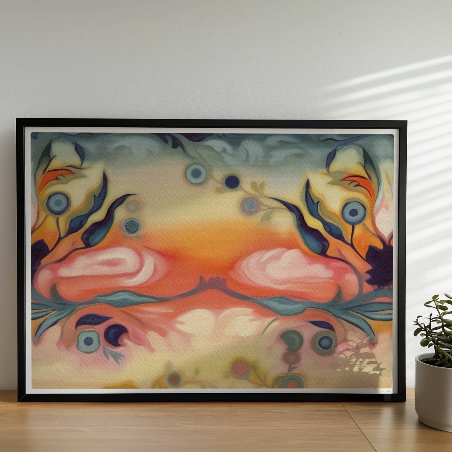 Fantasievolle florale Wandkunst mit surrealem Flair, inspiriert von symmetrischen Ornamenten und warmen Farbverläufen.. Rahmen schwarz 70x50