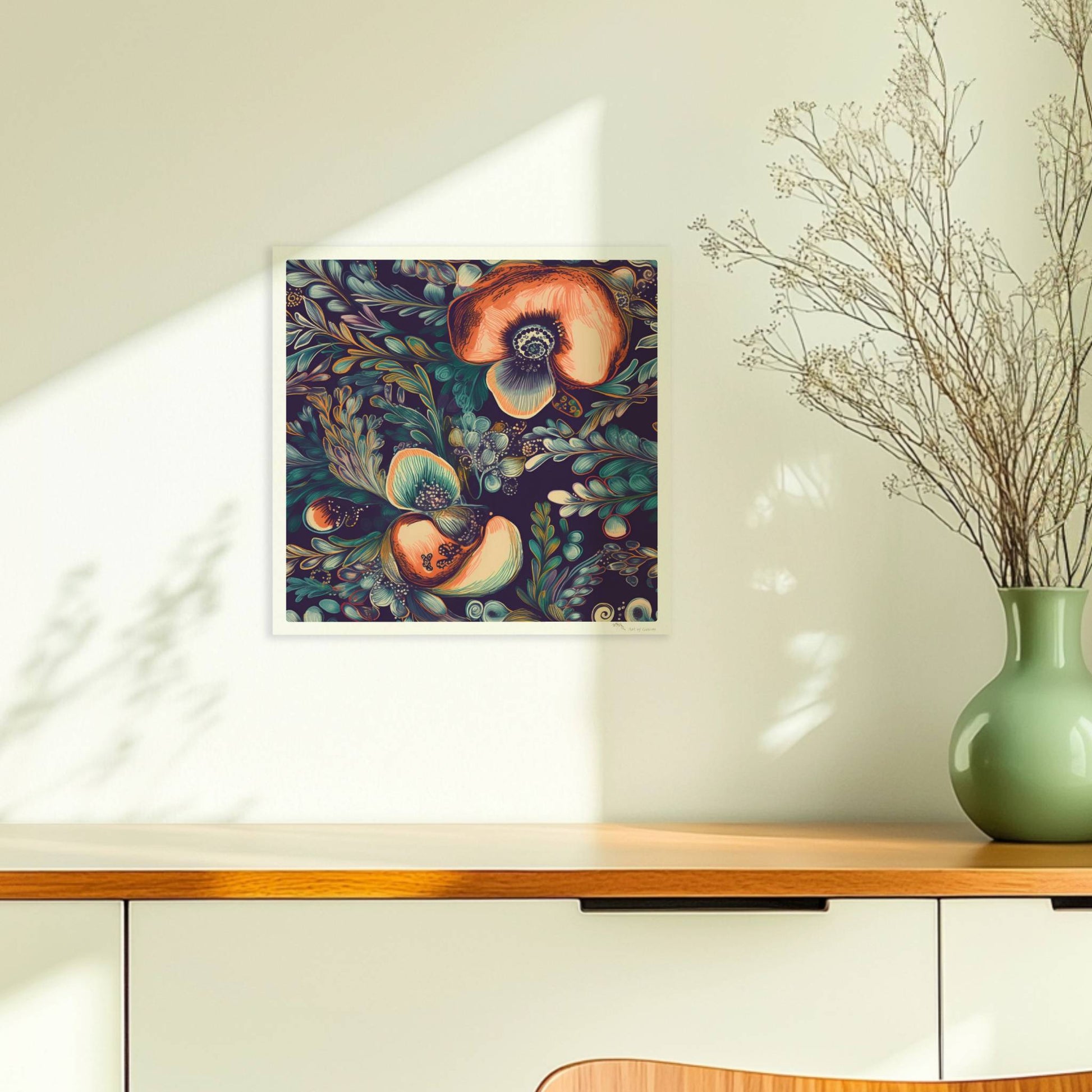 Kräftige, abstrakte Orchideenillustration vor dunklem Hintergrund – detailreich, dekorativ, mit fantasievollen Blättern.. Ohne Rahmen 30x30