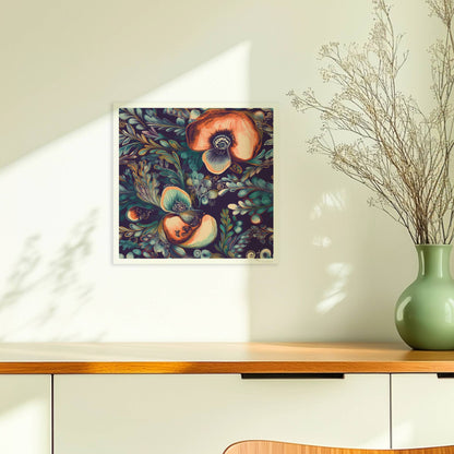 Kräftige, abstrakte Orchideenillustration vor dunklem Hintergrund – detailreich, dekorativ, mit fantasievollen Blättern.. Ohne Rahmen 30x30