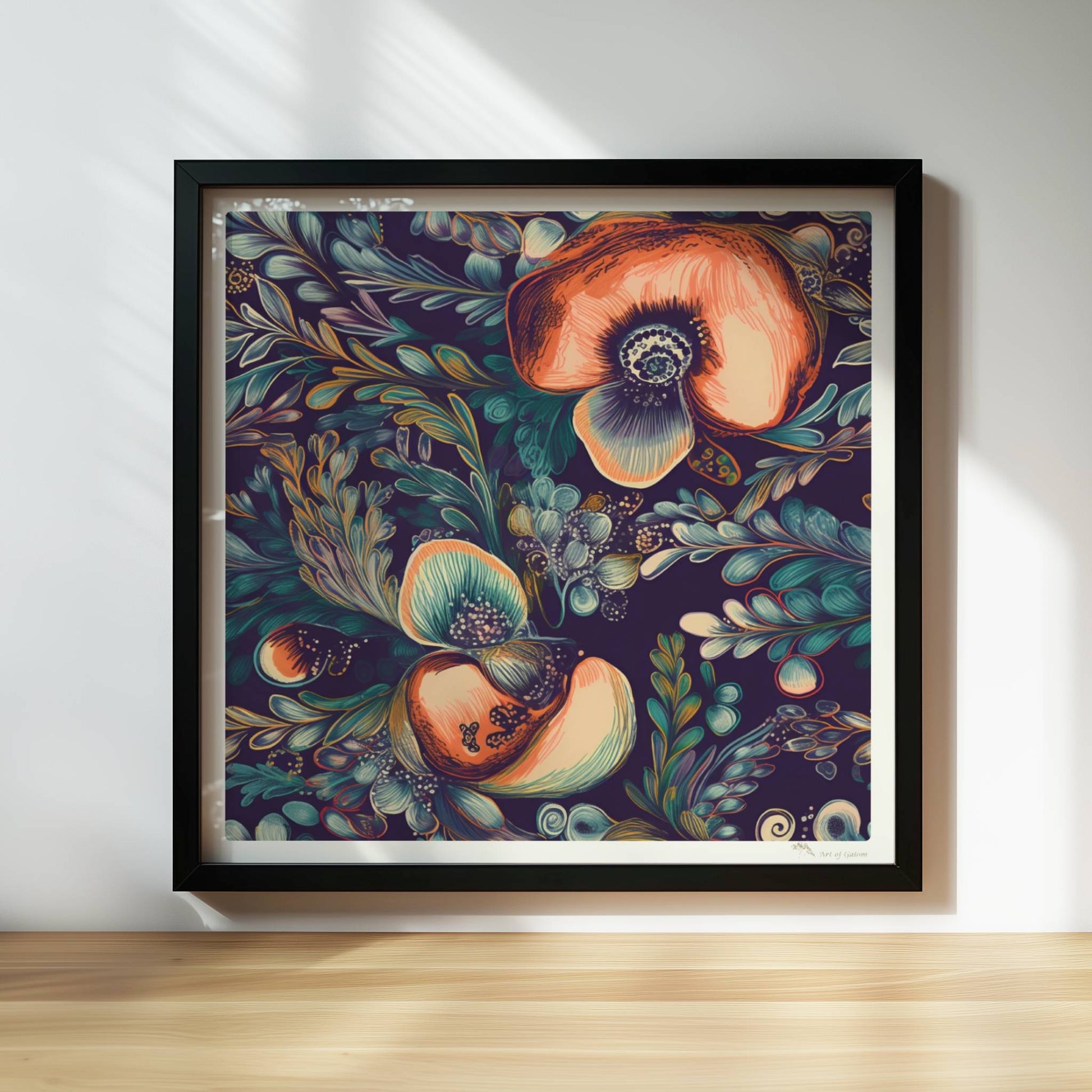 Kräftige, abstrakte Orchideenillustration vor dunklem Hintergrund – detailreich, dekorativ, mit fantasievollen Blättern.. Rahmen schwarz 30x30