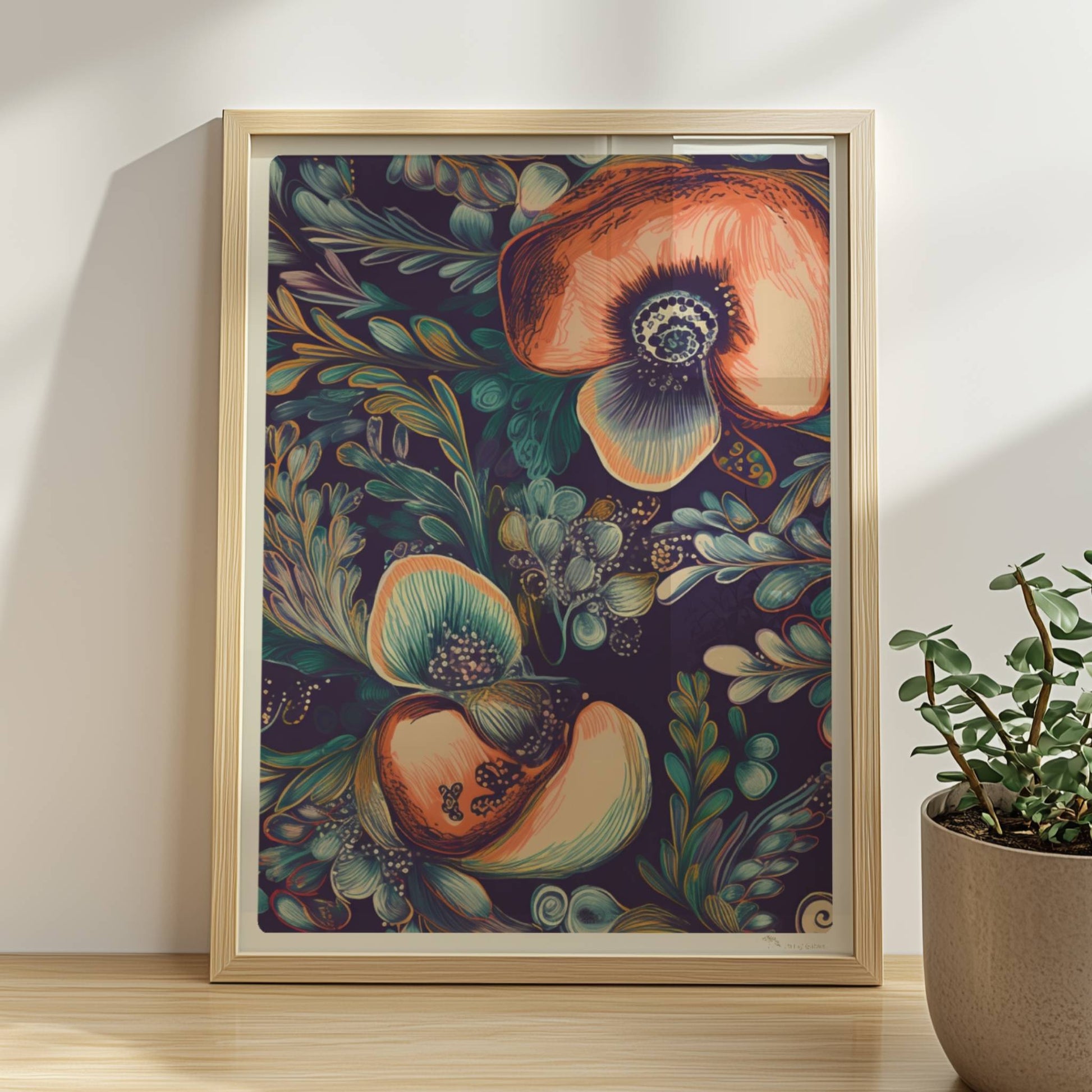 Kräftige, abstrakte Orchideenillustration vor dunklem Hintergrund – detailreich, dekorativ, mit fantasievollen Blättern.. Rahmen natur 30x40