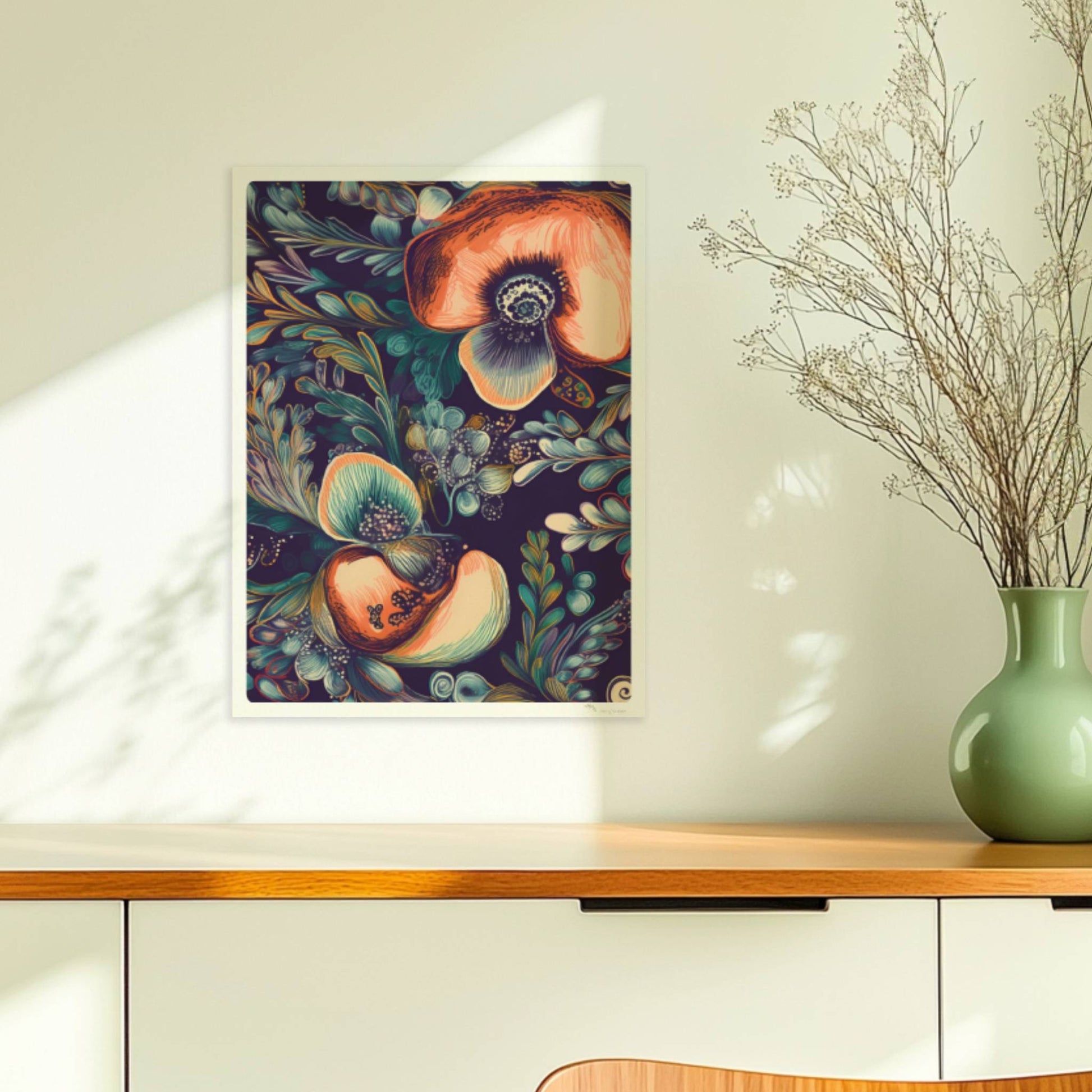Kräftige, abstrakte Orchideenillustration vor dunklem Hintergrund – detailreich, dekorativ, mit fantasievollen Blättern.. Ohne Rahmen 30x40