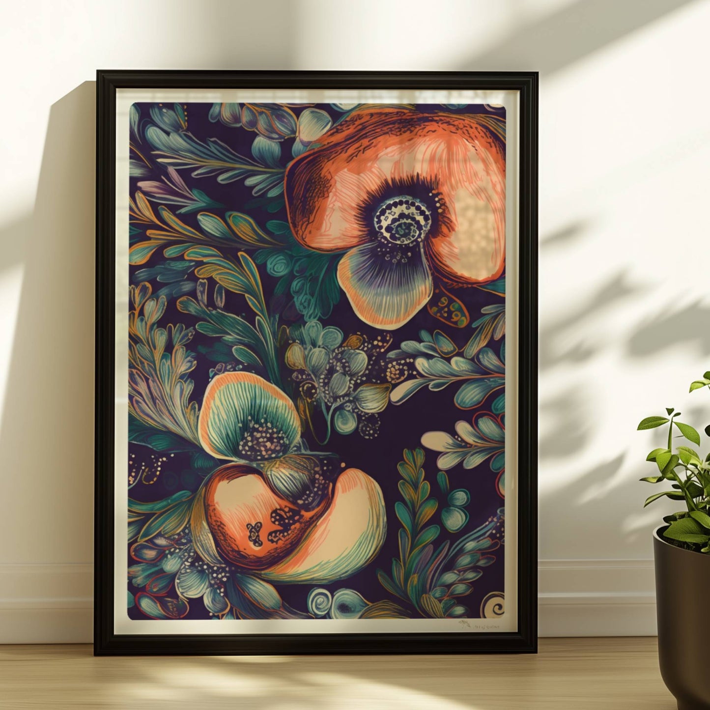 Kräftige, abstrakte Orchideenillustration vor dunklem Hintergrund – detailreich, dekorativ, mit fantasievollen Blättern.. Rahmen schwarz 30x40