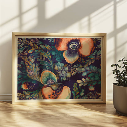 Kräftige, abstrakte Orchideenillustration vor dunklem Hintergrund – detailreich, dekorativ, mit fantasievollen Blättern.. Rahmen natur 40x30
