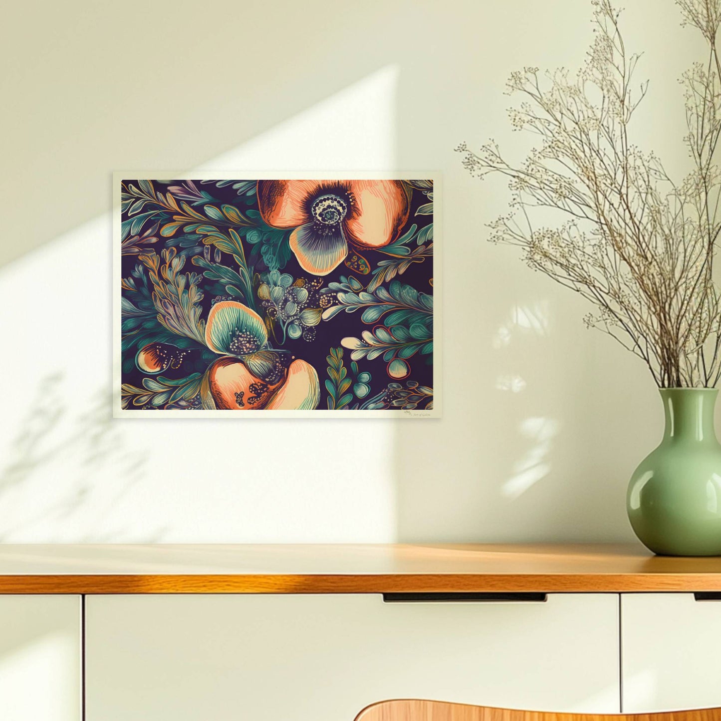 Kräftige, abstrakte Orchideenillustration vor dunklem Hintergrund – detailreich, dekorativ, mit fantasievollen Blättern.. Ohne Rahmen 40x30