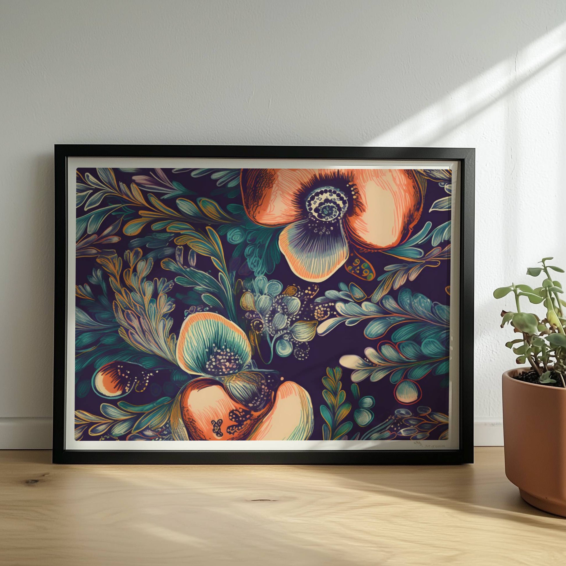 Kräftige, abstrakte Orchideenillustration vor dunklem Hintergrund – detailreich, dekorativ, mit fantasievollen Blättern.. Rahmen schwarz 40x30