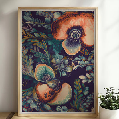 Kräftige, abstrakte Orchideenillustration vor dunklem Hintergrund – detailreich, dekorativ, mit fantasievollen Blättern.. Rahmen natur 50x70