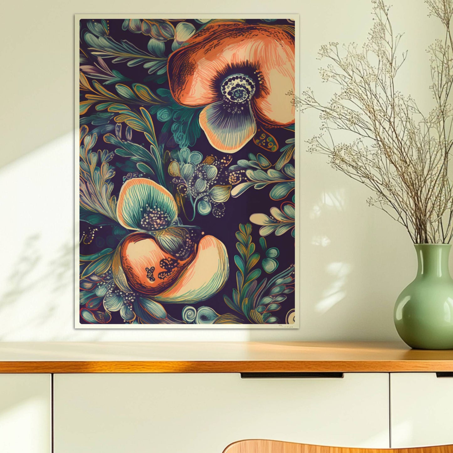 Kräftige, abstrakte Orchideenillustration vor dunklem Hintergrund – detailreich, dekorativ, mit fantasievollen Blättern.. Ohne Rahmen 50x70