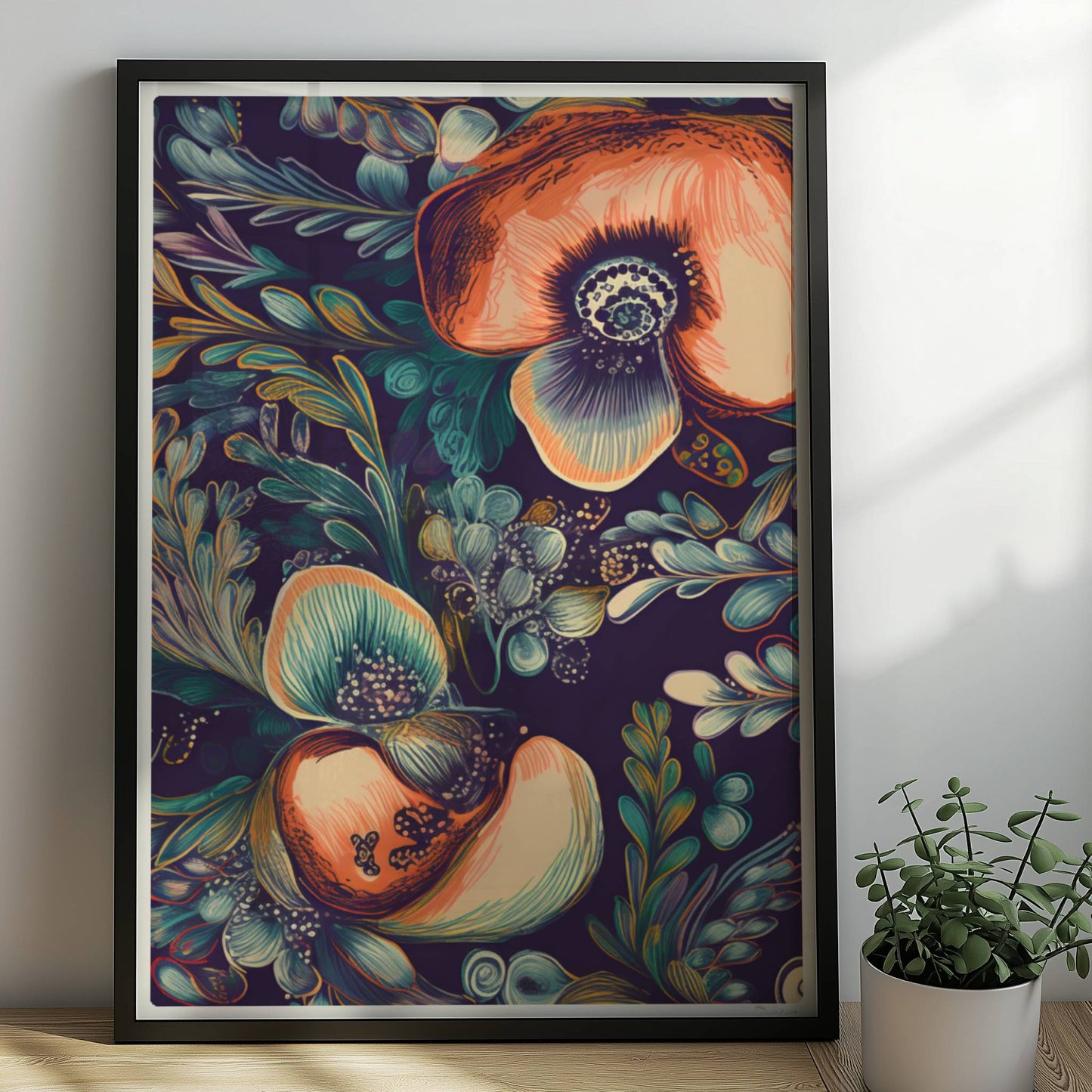 Kräftige, abstrakte Orchideenillustration vor dunklem Hintergrund – detailreich, dekorativ, mit fantasievollen Blättern.. Rahmen schwarz 50x70