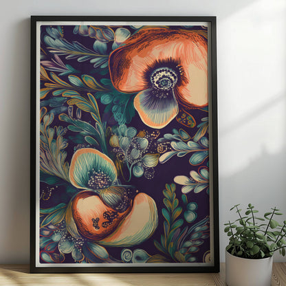 Kräftige, abstrakte Orchideenillustration vor dunklem Hintergrund – detailreich, dekorativ, mit fantasievollen Blättern.. Rahmen schwarz 50x70