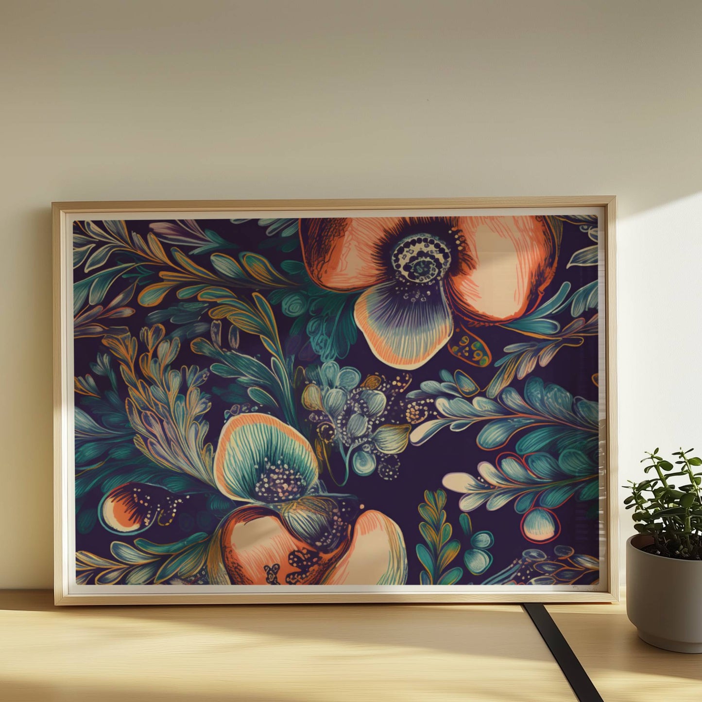 Kräftige, abstrakte Orchideenillustration vor dunklem Hintergrund – detailreich, dekorativ, mit fantasievollen Blättern.. Rahmen natur 70x50