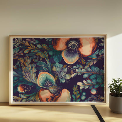 Kräftige, abstrakte Orchideenillustration vor dunklem Hintergrund – detailreich, dekorativ, mit fantasievollen Blättern.. Rahmen natur 70x50