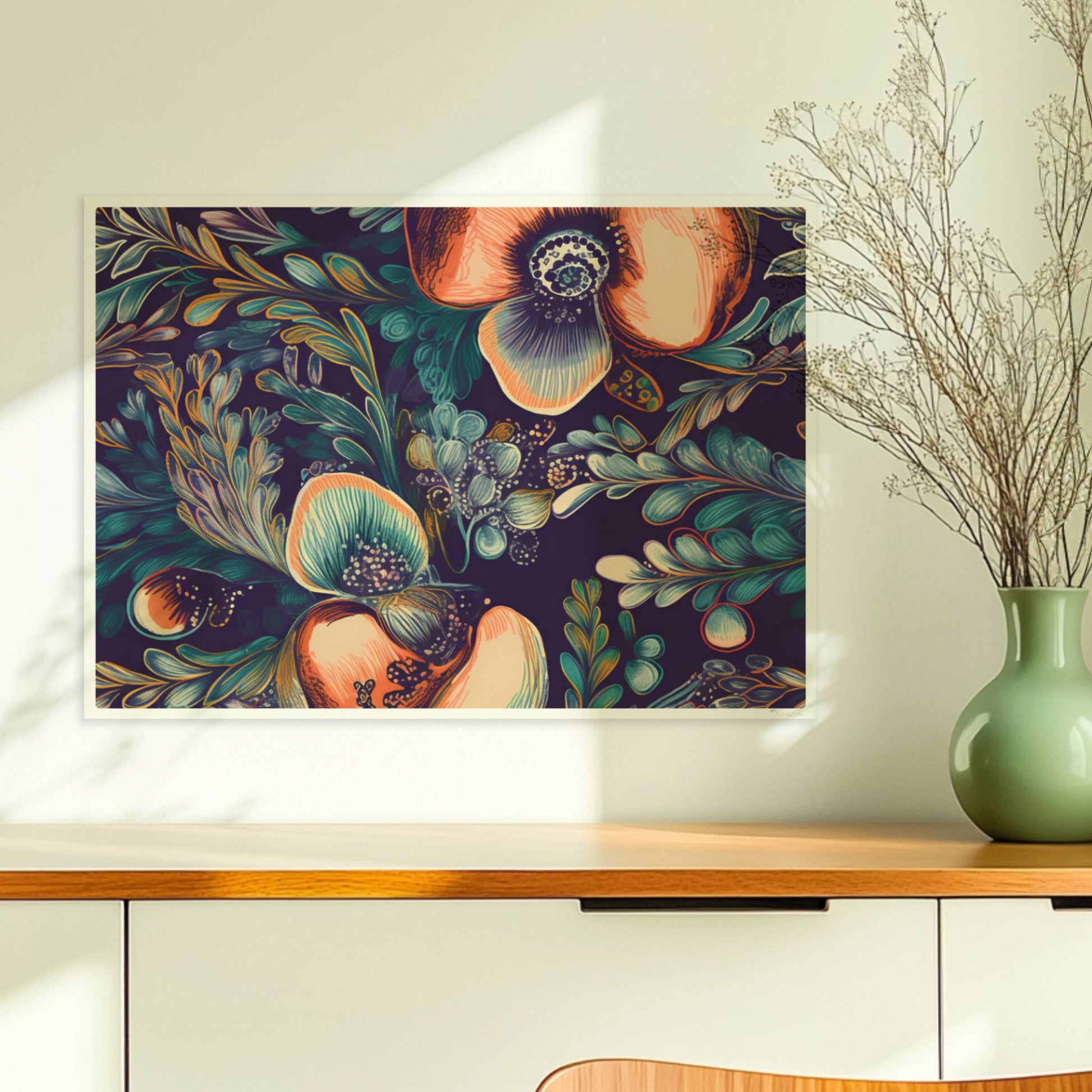 Kräftige, abstrakte Orchideenillustration vor dunklem Hintergrund – detailreich, dekorativ, mit fantasievollen Blättern.. Ohne Rahmen 70x50