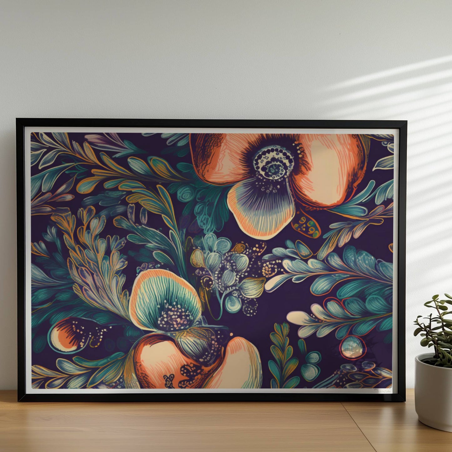 Kräftige, abstrakte Orchideenillustration vor dunklem Hintergrund – detailreich, dekorativ, mit fantasievollen Blättern.. Rahmen schwarz 70x50