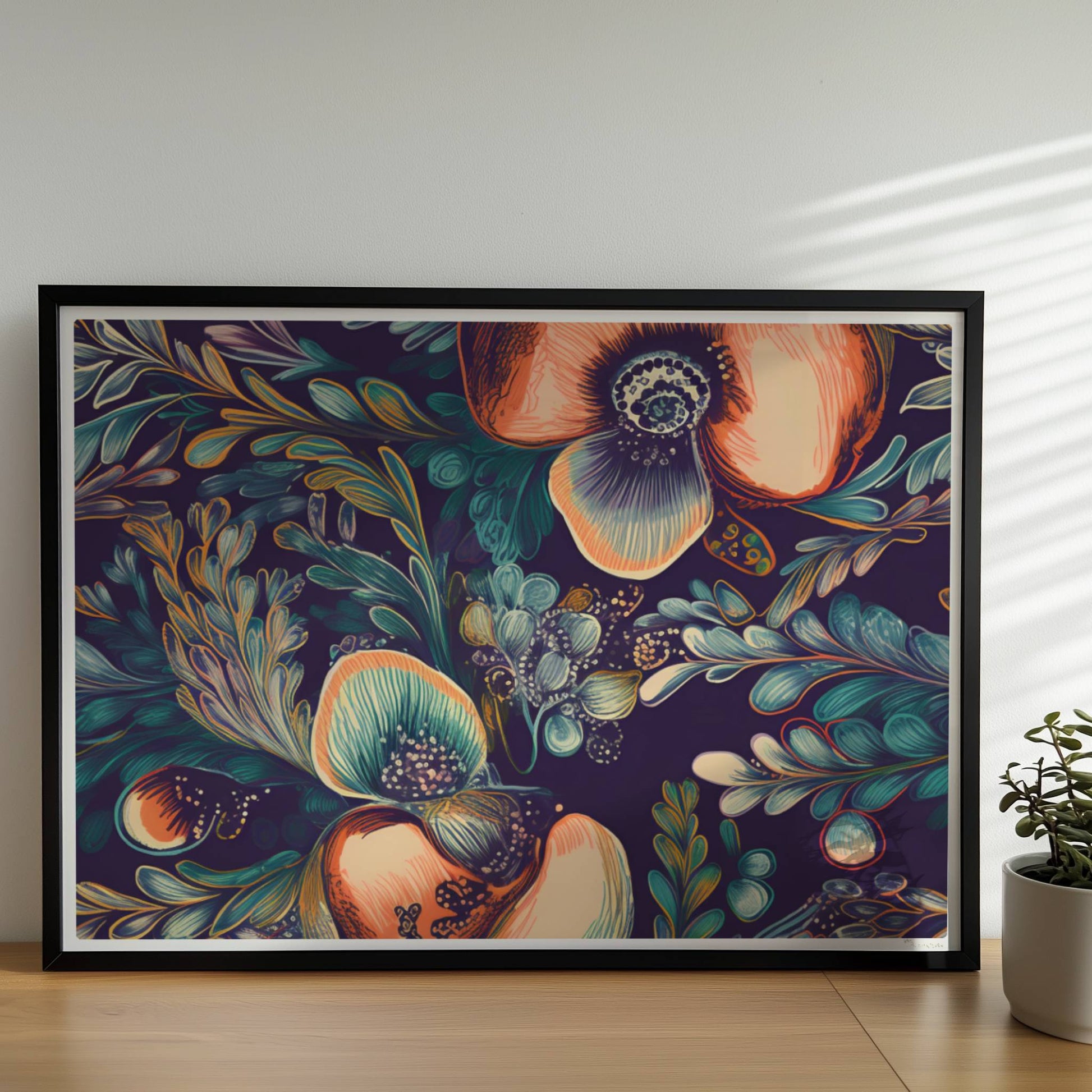 Kräftige, abstrakte Orchideenillustration vor dunklem Hintergrund – detailreich, dekorativ, mit fantasievollen Blättern.. Rahmen schwarz 70x50