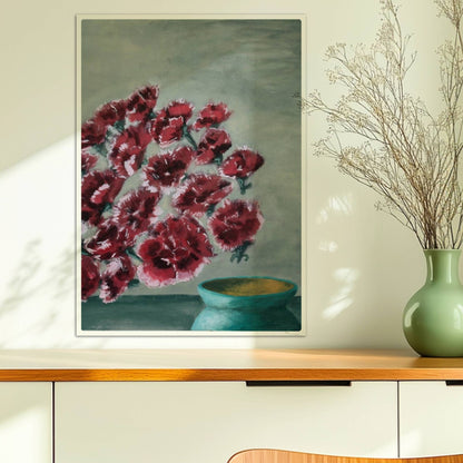 Fliegende rote Nelken in grüner Vase vor grauem Hintergrund.. Ohne Rahmen 50x70