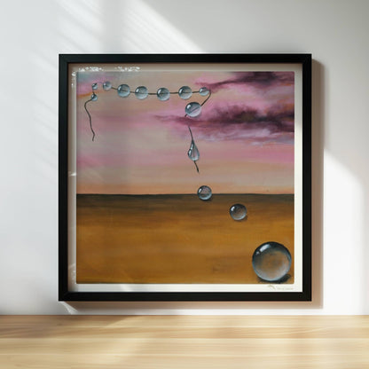 13 schwebende Glastropfen vor rosarotem Himmel über Wüste.. Rahmen schwarz 30x30