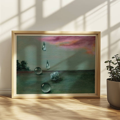 Schwebende Glastropfen vor dramatischer Wolke in Landschaft.. Rahmen natur 40x30
