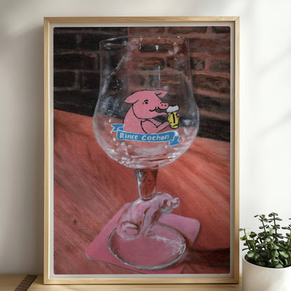 Rince Cochon Bierglas mit rosa Schwein, rustikale Tischszene.. Rahmen natur 50x70