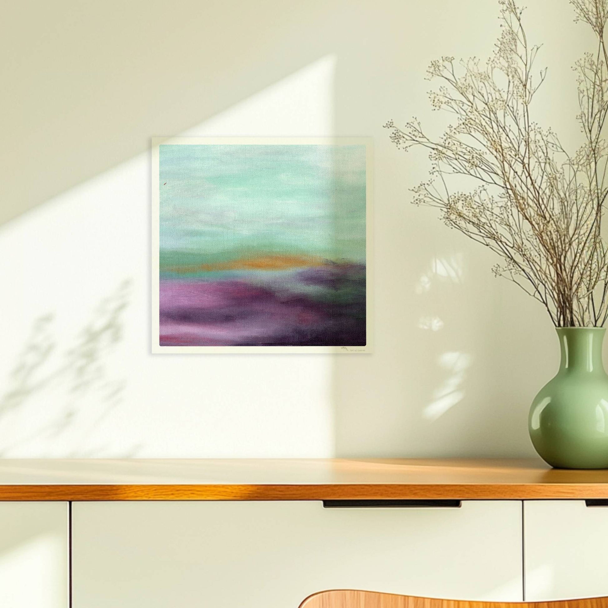 Emotionale Himmelsszene mit pastellfarbenen Wolken in Violett, Türkis und Orange.. Ohne Rahmen 30x30