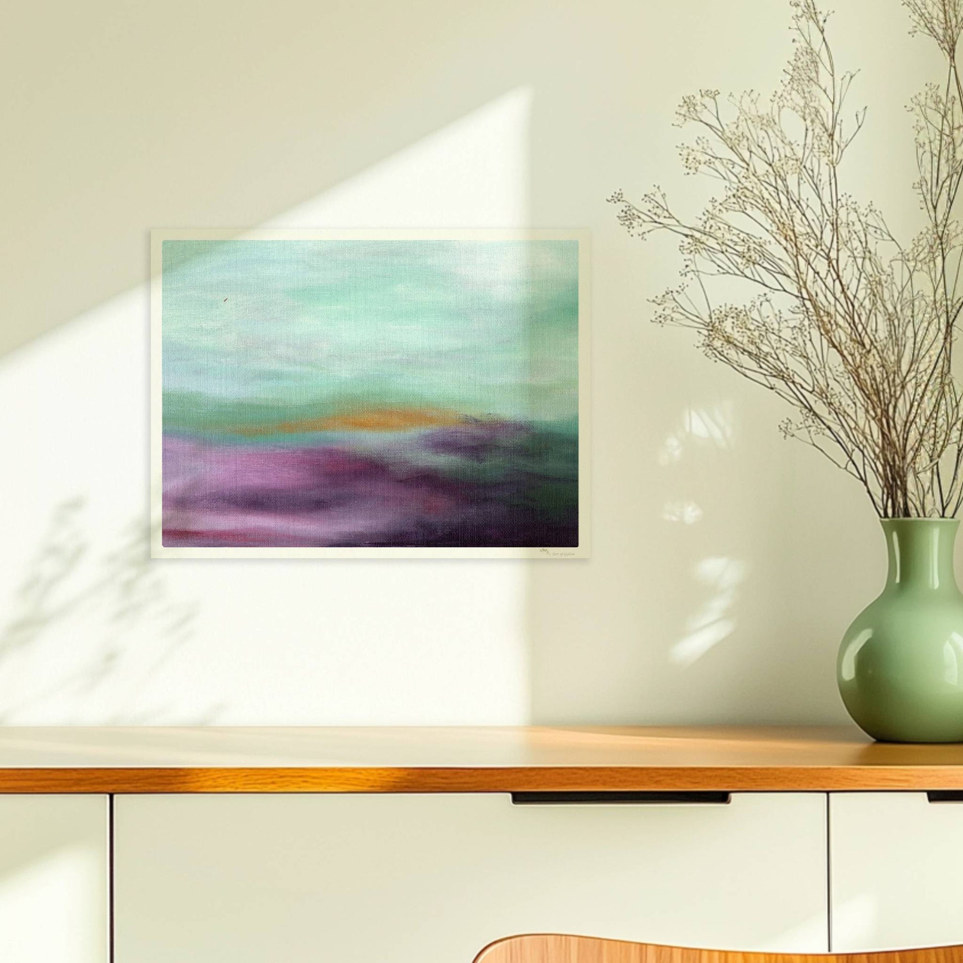 Emotionale Himmelsszene mit pastellfarbenen Wolken in Violett, Türkis und Orange.. Ohne Rahmen 40x30