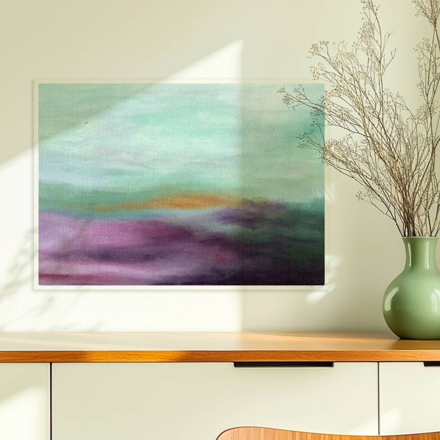 Emotionale Himmelsszene mit pastellfarbenen Wolken in Violett, Türkis und Orange.. Ohne Rahmen 70x50
