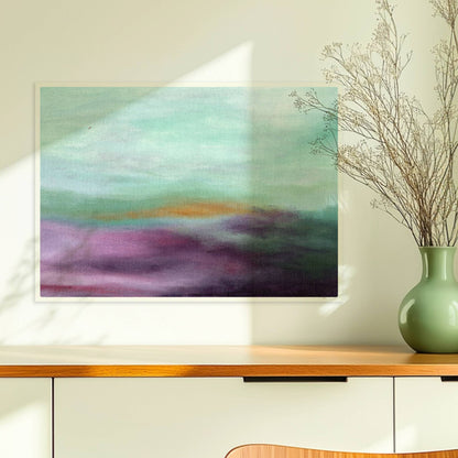 Emotionale Himmelsszene mit pastellfarbenen Wolken in Violett, Türkis und Orange.. Ohne Rahmen 70x50
