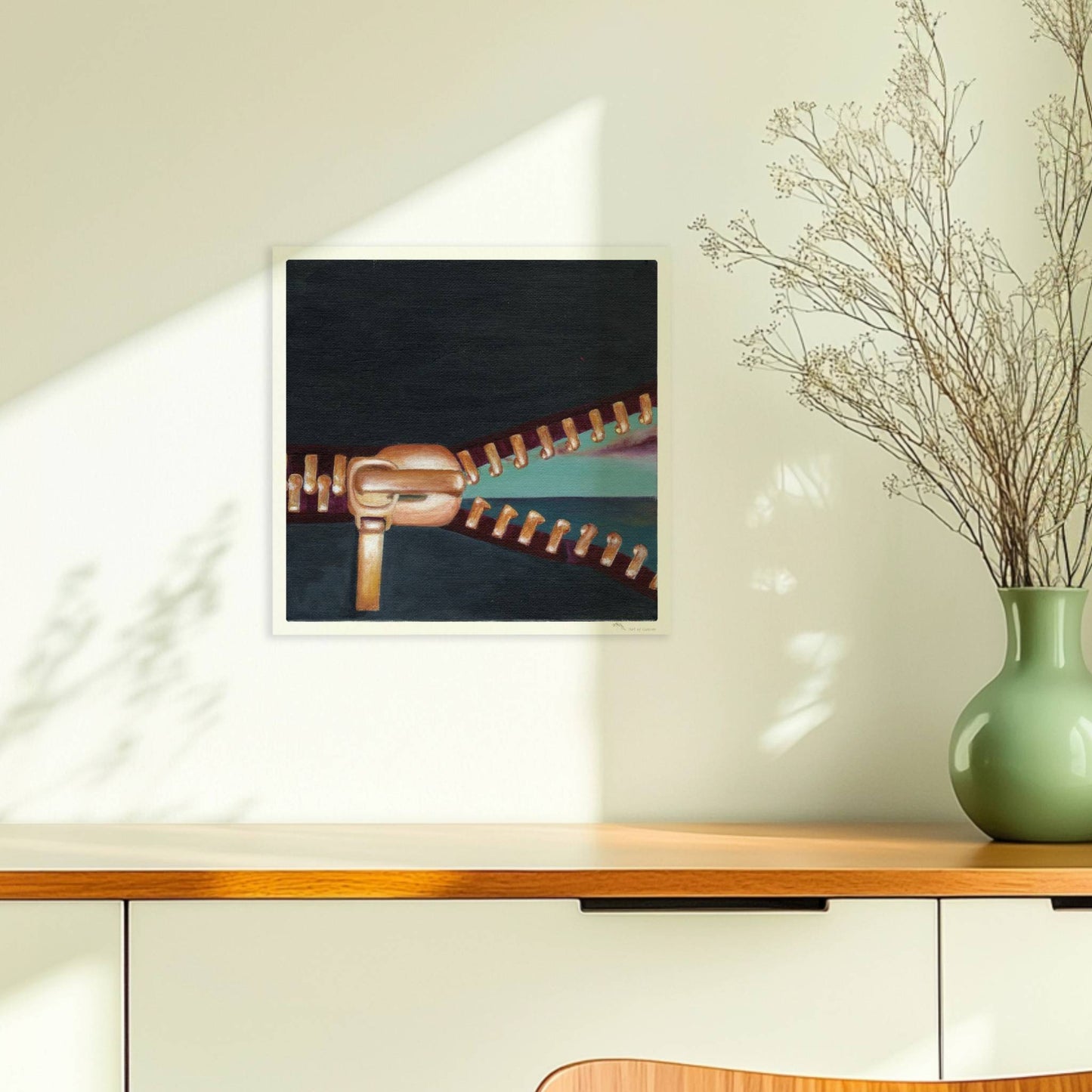 Goldener Reißverschluss öffnet surrealen Horizont mit Himmel.. Ohne Rahmen 30x30