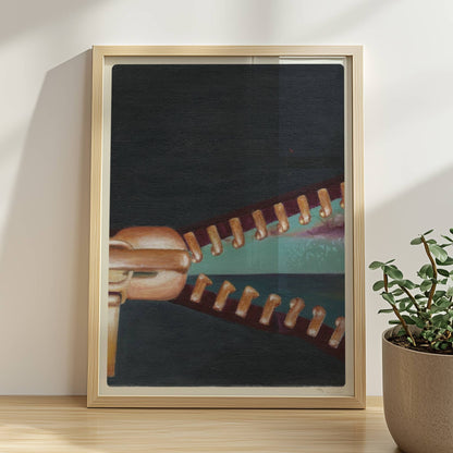 Goldener Reißverschluss öffnet surrealen Horizont mit Himmel.. Rahmen natur 30x40