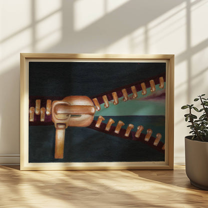 Goldener Reißverschluss öffnet surrealen Horizont mit Himmel.. Rahmen natur 40x30