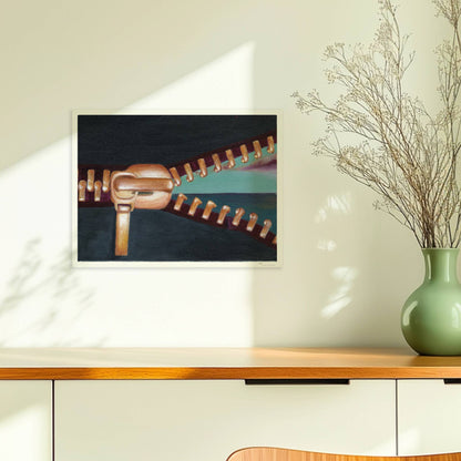 Goldener Reißverschluss öffnet surrealen Horizont mit Himmel.. Ohne Rahmen 40x30