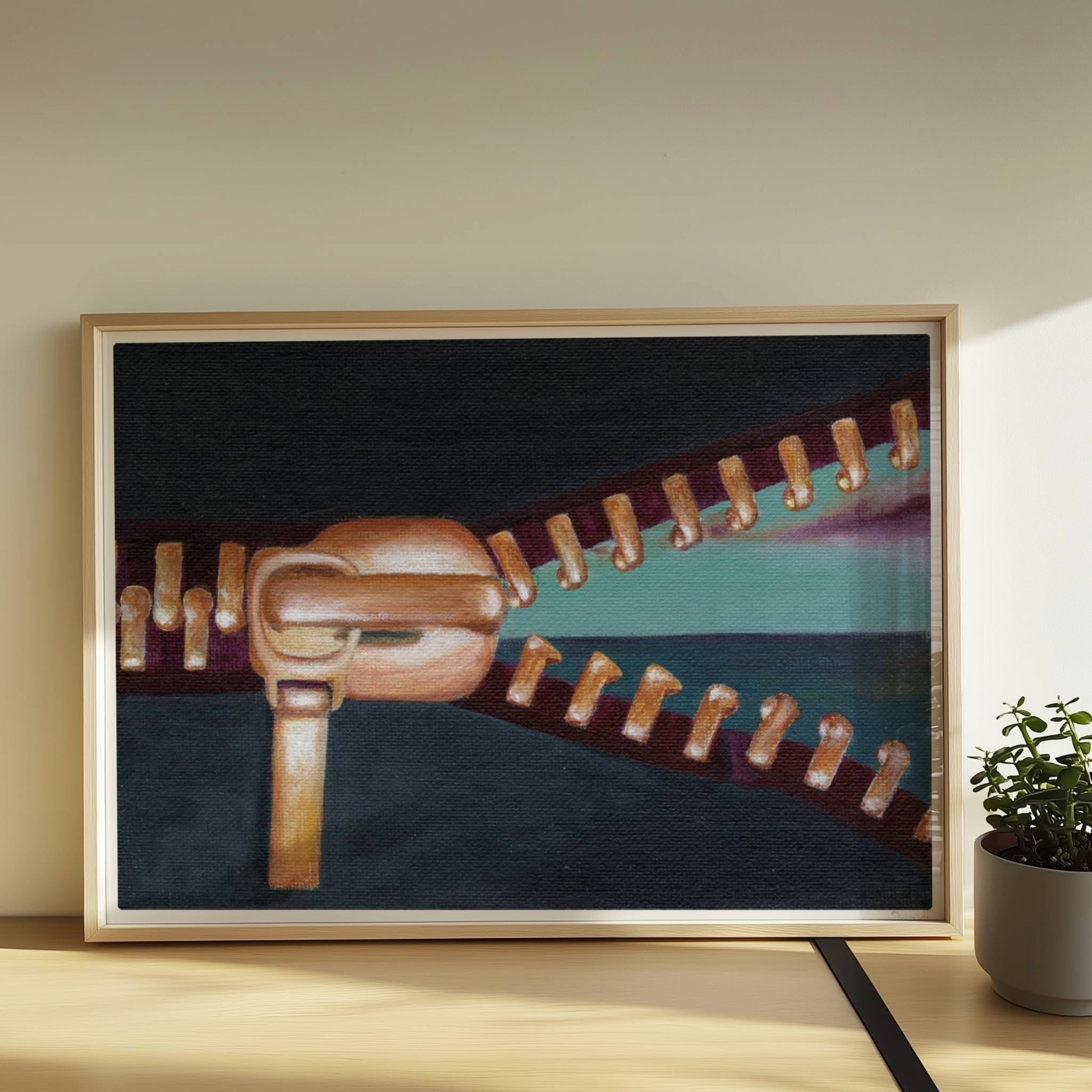 Goldener Reißverschluss öffnet surrealen Horizont mit Himmel.. Rahmen natur 70x50