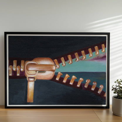 Goldener Reißverschluss öffnet surrealen Horizont mit Himmel.. Rahmen schwarz 70x50