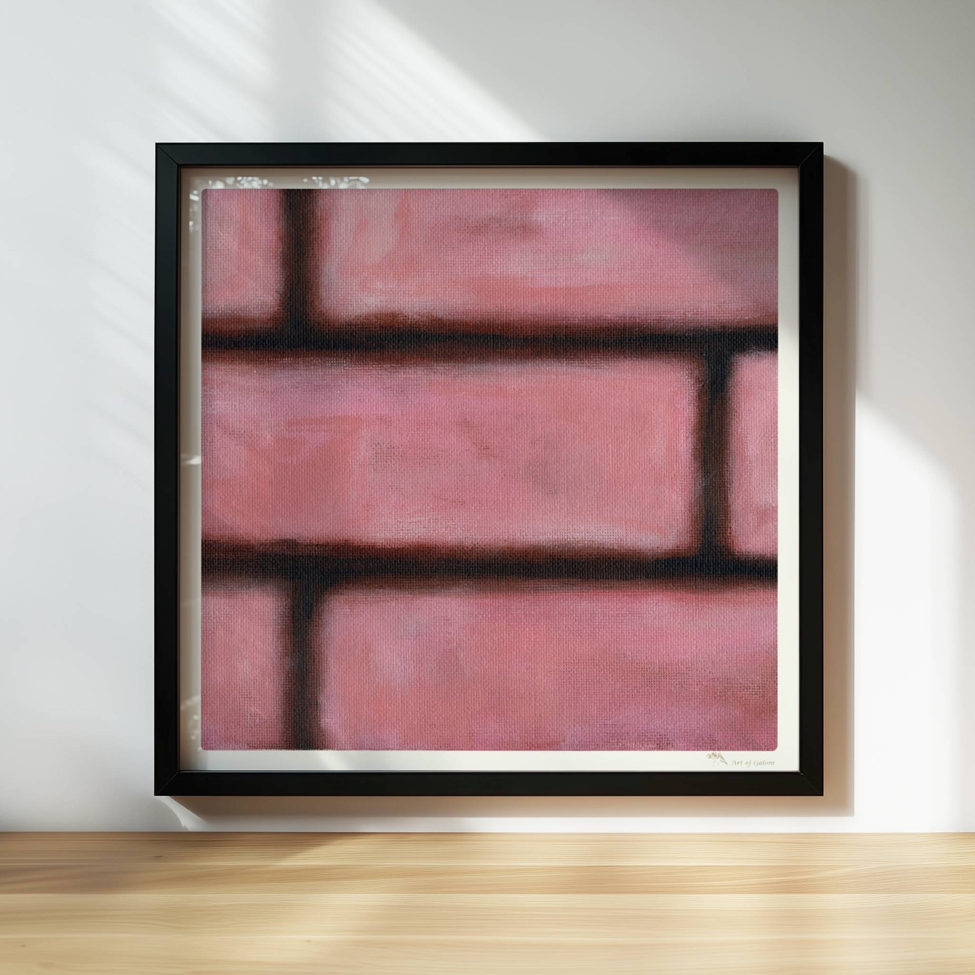 Rosafarbene Ziegelwand mit weichen Kanten und künstlerischem Flair.. Rahmen schwarz 30x30
